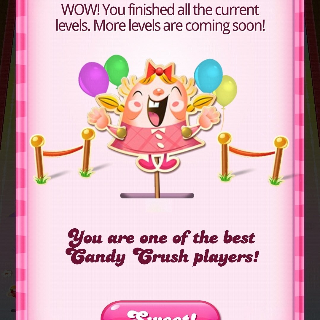 SimonMargan's tweet photo. CANDY CRUSH - THE END!
I finally reached the end! The end, untill they make more levels. For those interested, the current final Candy Crush level in 5, 075. The sign says that I am "one of the best players", but I think they say that to everyone.
---
#CandyCrush #CandyAddiction https://t.co/SO4xJB8dzD