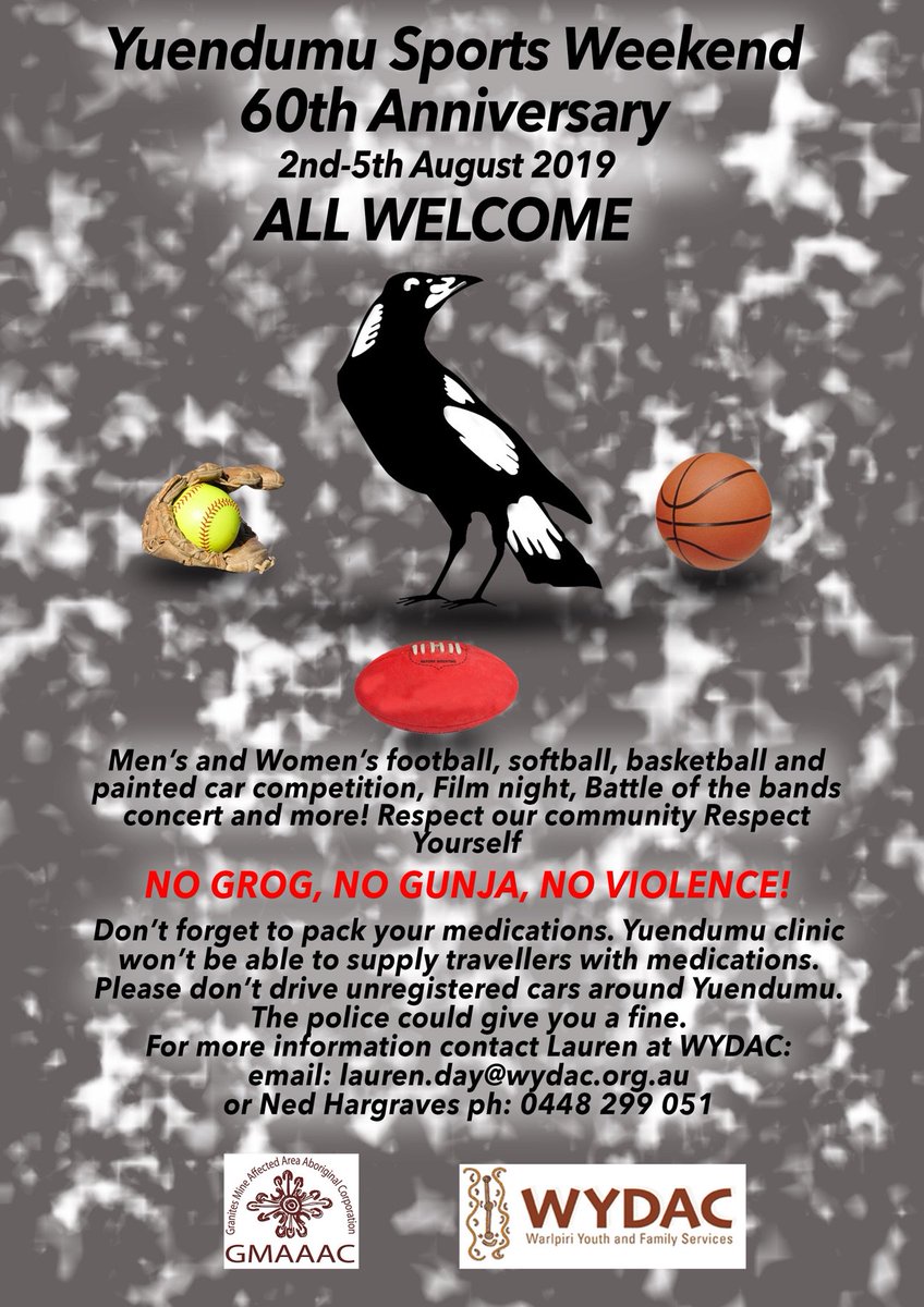 This weekend is the 60th Anniversary of Yuendumu Sports Weekend!

There will be mens and womens football, softball, basketball, a painted car competition, film night, Battle of the Bands concert and more!