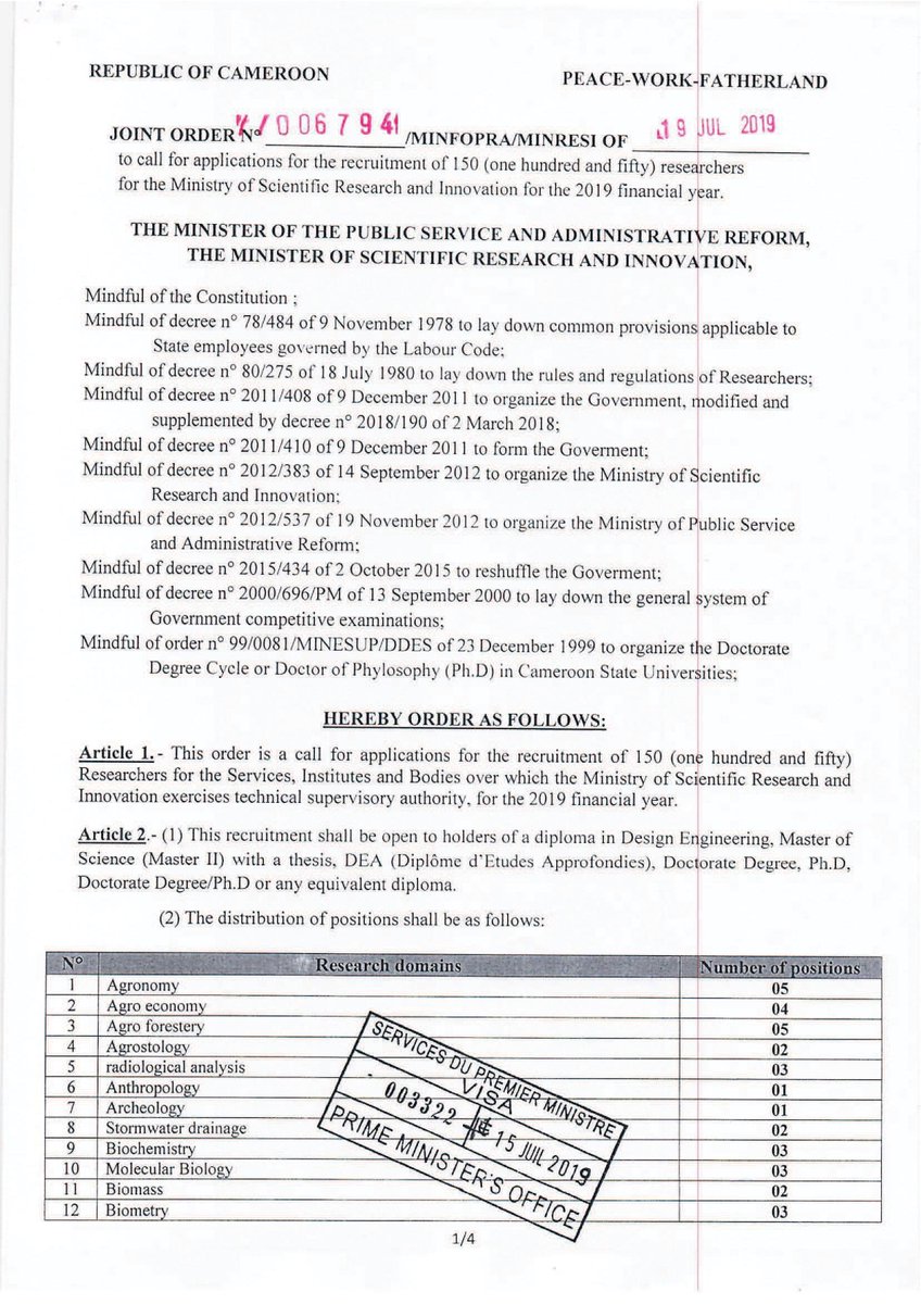 MTchuinte's tweet photo. JOINT ORDER MINFOPRA/MINRESI of 19 july 2019 to call  for applications for the recruitment of 150 (one hundred and fifty) researchers for the MINRESI for the 2019 financial year. https://t.co/yyYVYA7g31