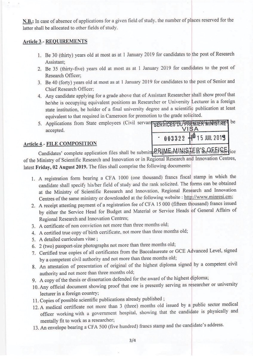 MTchuinte's tweet photo. JOINT ORDER MINFOPRA/MINRESI of 19 july 2019 to call  for applications for the recruitment of 150 (one hundred and fifty) researchers for the MINRESI for the 2019 financial year. https://t.co/yyYVYA7g31