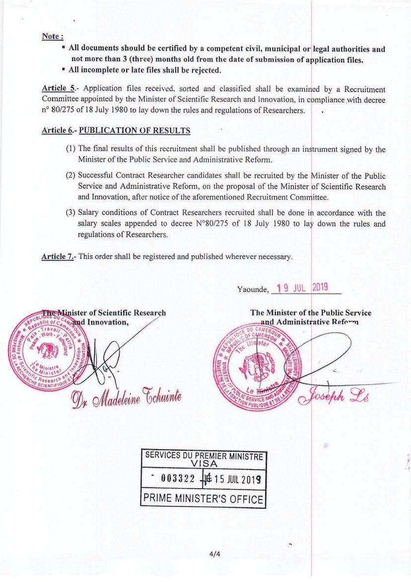 MTchuinte's tweet photo. JOINT ORDER MINFOPRA/MINRESI of 19 july 2019 to call  for applications for the recruitment of 150 (one hundred and fifty) researchers for the MINRESI for the 2019 financial year. https://t.co/yyYVYA7g31
