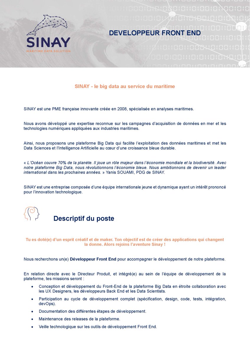 SinayCommunity's tweet photo. SINAY recrute un(e) développeur Front End !

Nous recherchons un développeur Front End pour renforcer notre équipe de développement de notre plateforme Big Data pour l'exploitation des données maritimes.

Toutes nos offres ici : https://t.co/OPvqyMhnWg

#emploi #cdi #developpeur https://t.co/Ly0U9ARAJx