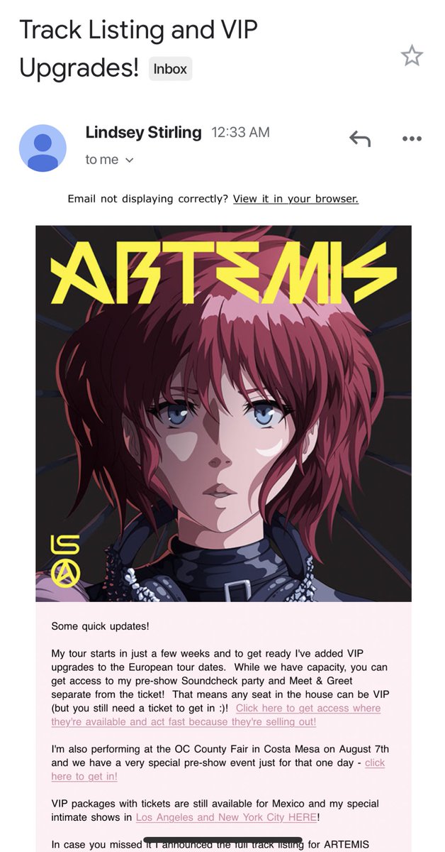 StirlingiteNews's tweet photo. Check your emails!! @LindseyStirling just announced that The Upside feat. @ElleKingMusic will be released this Friday, August 2nd! #theupside #artemis #stirlingite https://t.co/K9solJn4AO
