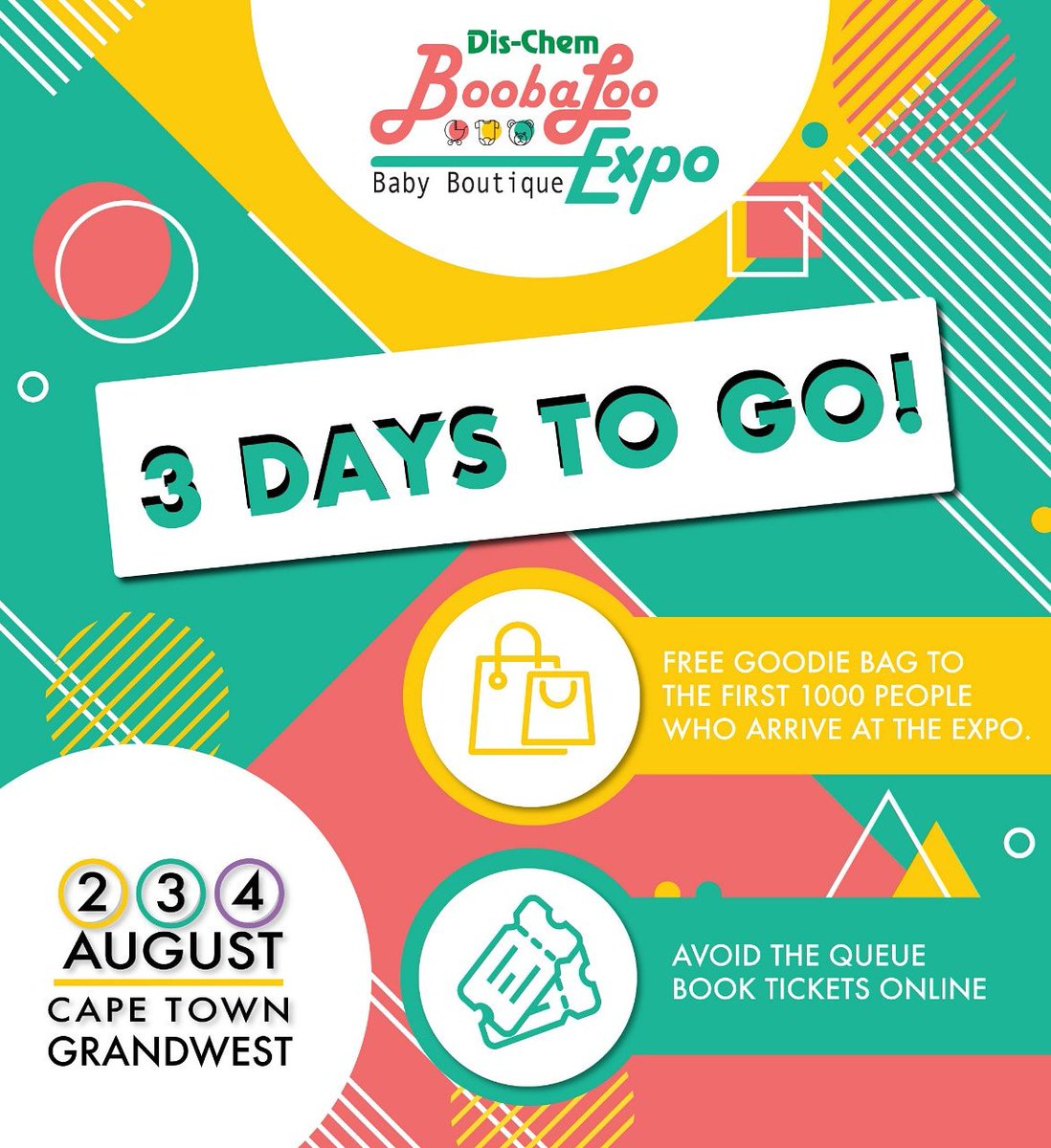 3 Days to go! 
Remember that the first 1000 people to arrive at the expo will receive a FREE GOODIE BAG🙌

You can avoid the queue by simply purchasing your ticket online, click on this link to buy: bit.ly/2ScwIz4

We cannot wait to meet you all at GrandWest!!!!