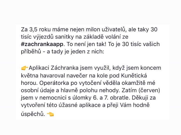 Zachranka_App's tweet photo. Další příběh využití #zachrankaapp se šťastným koncem. Jsme rádi, že je jich dost, ale ještě raději budeme, když appku nebudete potřebovat! #prozivot #zachranzivot #budpripraven https://t.co/hKXOMEke9P