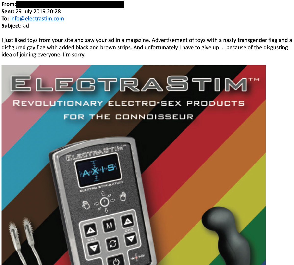 ElectraStim's tweet photo. Really disappointing to receive emails like this. Please understand that ElectraStim will never stop supporting ALL aspects of the LGBTQ+ community and we make zero apologies for that. 🏳️‍🌈 #allies https://t.co/h7xKHpdQ7g