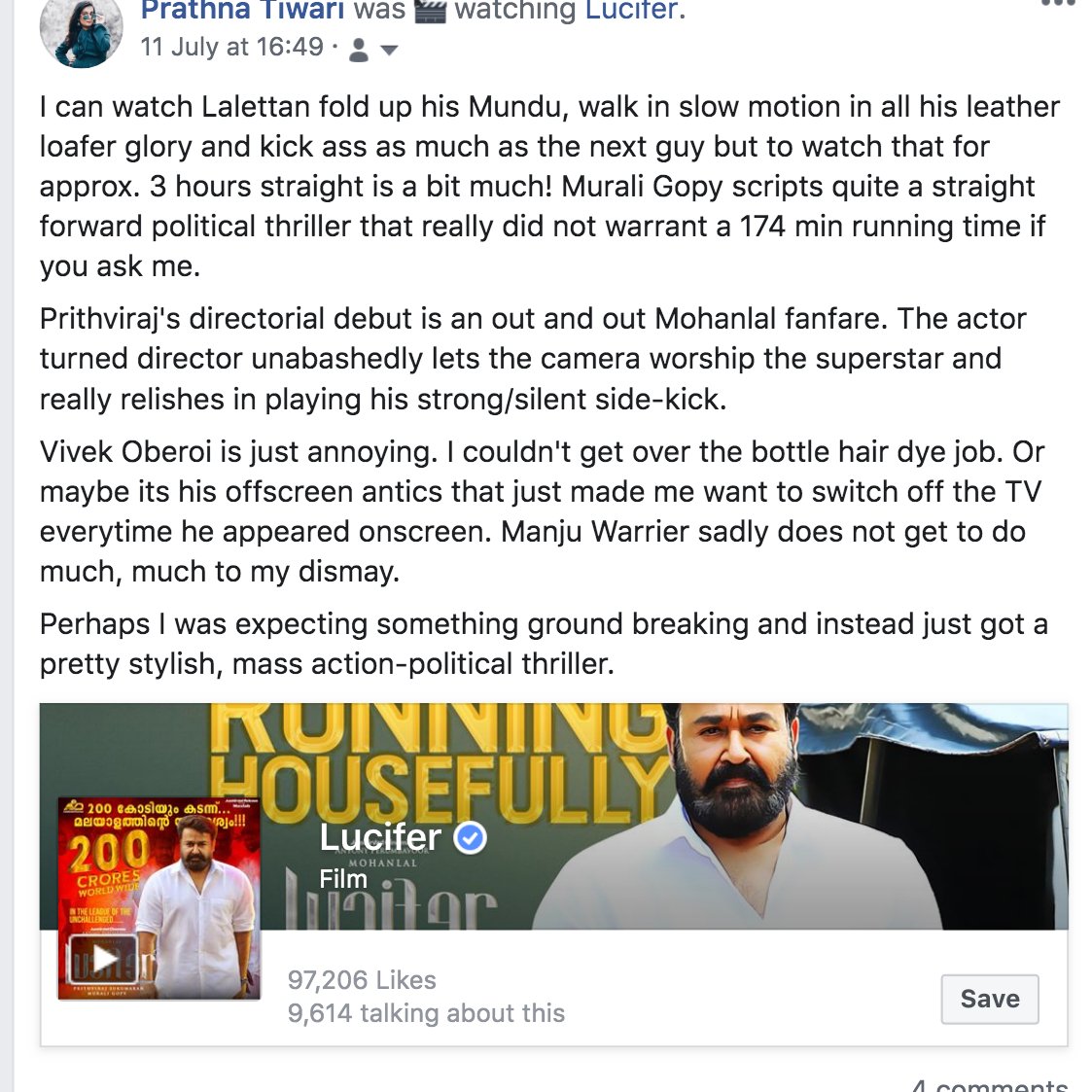 prathnasarthy's tweet photo. Looking forward to the sequel nonetheless - #LuciferMalayalam #LuciferMovie #MiniMovieReviews #Mohanlal #Prithviraj #Malayalam #MalayalamCinema https://t.co/wU6HPktqoF