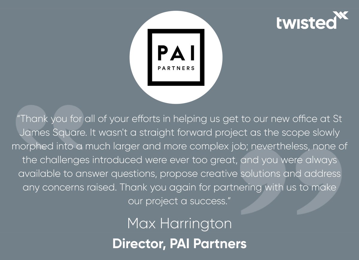 TwistedPairLtd's tweet image. Another project success for the #TwistedPair team. 😁👍

Many thanks to Max Harrington at @PAIpartners for sharing this fantastic feedback.

#Testimonial #WorkplaceExperts #GlobalIntegrators #AudioVisual #BusinessCommunications