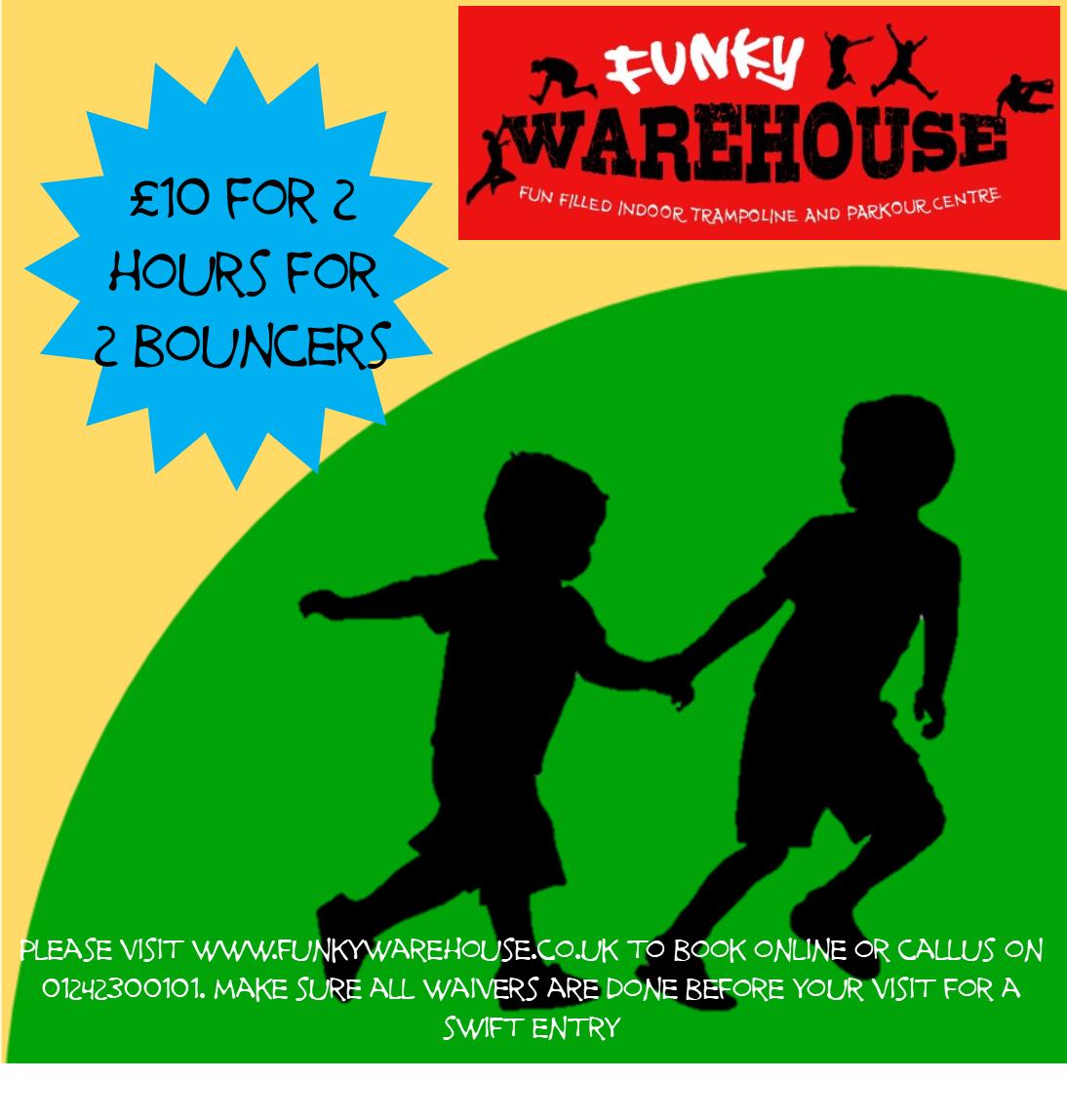Funky_warehouse's tweet photo. Its Tuesday £10 for 2 bouncers for 2 hours from 4-6pm. please don't forget to book online and complete your waiver for a super fast entry. #funkywarehouse #trampoline #parkour #softplay #cheltenham #familyfun #discounts https://t.co/13howAOYsc