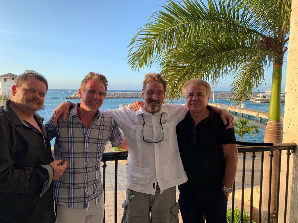 officialmcafee's tweet photo. Had a great meeting with Max Cartier (r) of Vintech Capital while waiting to be detained in the D.R. Great things are coming to Crypto. https://t.co/DfSshZKbnC
