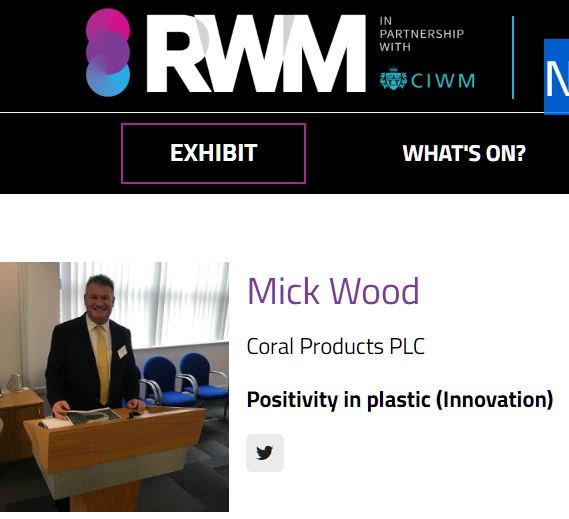 CoralproductsUK's tweet photo. Join our CEO Mick Wood at #RWM19 for 'Positivity in plastic (Innovation)' 11 &amp; 12 SEPT @thenec @RWM_Exhibition #Waste #Recycling @CIWM GET IN TOUCH https://t.co/Fl8Ri2UHOR @ManUKHour #ManufacturingHour#ukmfg #gbmfg https://t.co/EZJ3rDzy5Q