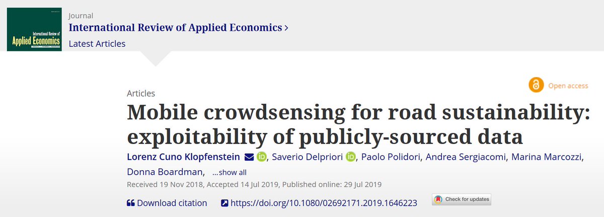 📃 Results from crowd-sensed road quality data collected through <a href="/smartroadsense/">SmartRoadSense</a> have just been published on the International Review of Applied Economics journal!
tandfonline.com/doi/full/10.10… #DSI #C4Rs #H2020