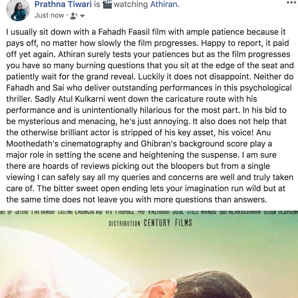 prathnasarthy's tweet photo. Its been hard to pen down my thoughts on this one. Still hard to explain why I really liked it. Less said is more I think in this case. - #MiniMovieReviews #Athiran #Malayalam #Malayalamcinema #FahadhFaasil @Sai_Pallavi92 https://t.co/p7wwaWedp0