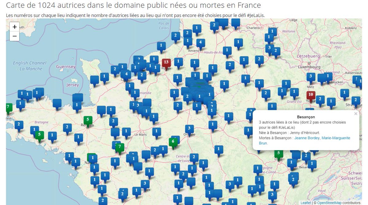 Georgele2etexte's tweet photo. Notre carte des femmes de lettres dans le domaine public, nées ou mortes en France est en ligne : https://t.co/fLHhJKY9ND. L'occasion de choisir une autrice à côté de chez vous, ou de votre lieu de vacances, pour le défi #JeLaLis ! #matrimoine @hf_idf https://t.co/2MxZUTSwWV