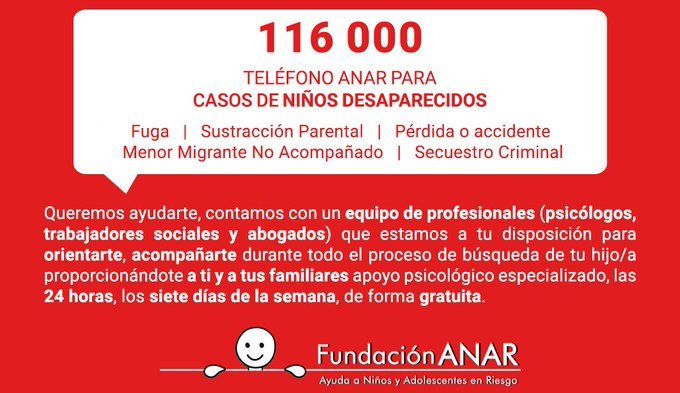 FundacionANAR's tweet photo. #DíaMundialContralaTrata Los niños, niñas y adolescentes migrantes sin familiares que los acompañen pueden estar en peligro de caer en redes de trata. 

Desde el #TeléfonoANAR☎️para Casos de Niños Desaparecidos 116 000  podemos ayudarles. 24h⏰ ➡️ https://t.co/9WwVLtOFkr https://t.co/gOTqQO9pNN