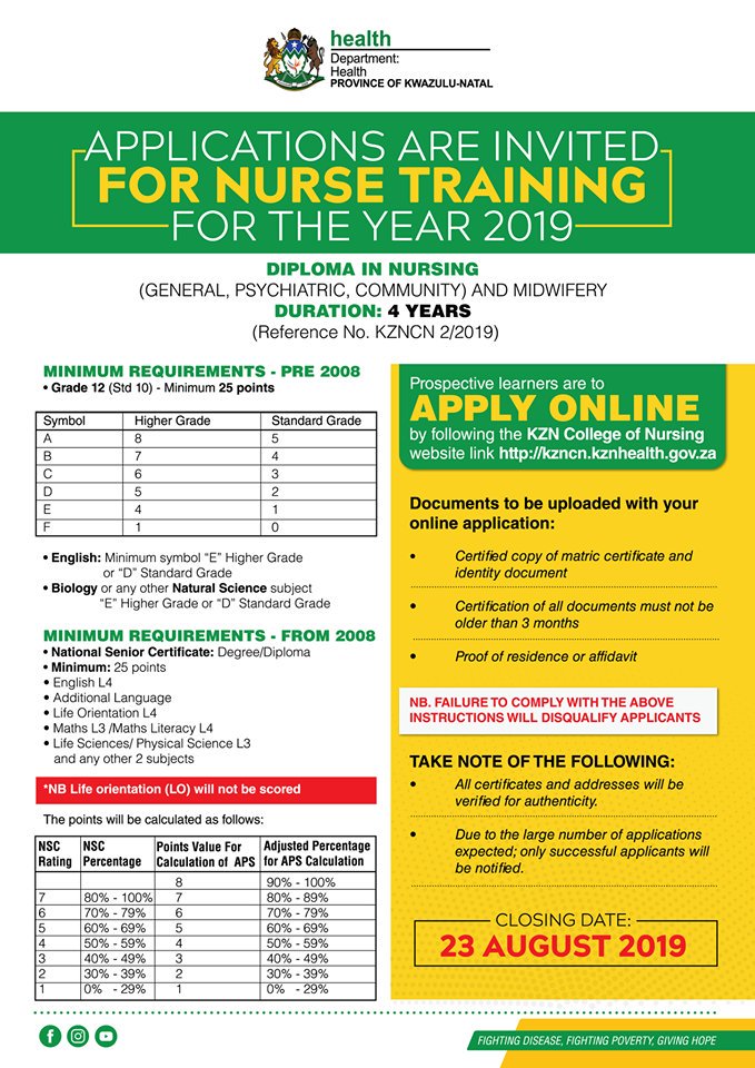 Applications are invited for nurse training for the year 2019. Closing date is 23 August.
