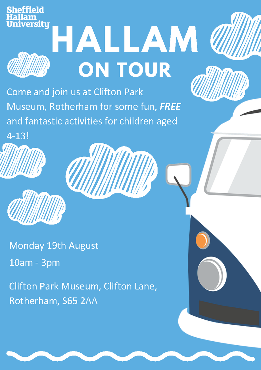 SHUOutreach's tweet photo. Come and join us at @CliftonParkMus on Monday 19th August for #HallamOnTour! There'll be lots of fun, family-friendly activities to take part in. Find out more here -https://t.co/bn7Cl8yDk8 #RotherhamisWonderful #Rotherham https://t.co/zno33fHNgq