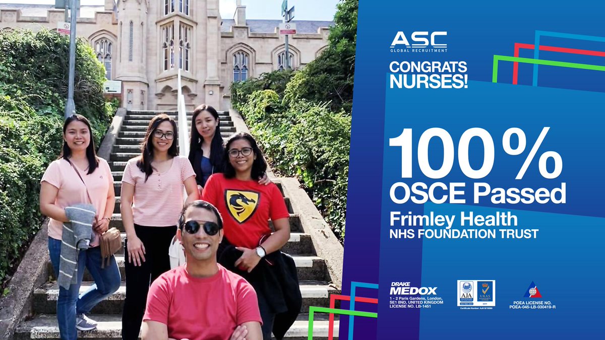 ascglobal_twit's tweet photo. Congrats to our Frimley Health NHS Foundation Trust for their 100% OSCE Passing rate! We're proud of you! 

#ASCbabies #UKRN #ASCGlobalRecruitment #Frimley
#nurse #nhstrust #uk #pinoynurse #nursing #osce #cbt

@FrimleyHealth @FrimleyPark @FrimleyJobs https://t.co/GHfqAICzFf