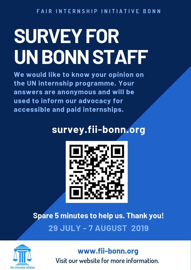 FII_Bonn's tweet photo. JUST LAUNCHED  🎉
FII Bonn has just launched a survey for UN Bonn staff to gather statistics about staff opinion and to help us advocate for accessible, high-quality and paid internships.
Have your say now: https://t.co/rS2kXTnGqI or share the survey with your staff colleagues 🎉 https://t.co/IhdvjiSHPg
