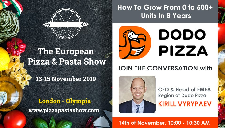 Pizzapastashow's tweet photo. Please meet our special guest: Kirill Vyrypaev, CEO and Head of EMEA at Dodo Pizza. Let's talk about how to go global against all odds.
Calendar: https://t.co/peIlJTMykE
 #epps2019 #pizzapastashow #eppshow #london #Dough #dodopizza #dodopizzauk #dodopizzacoventry #pizza #pizzeria https://t.co/dJKhPOZ5iB
