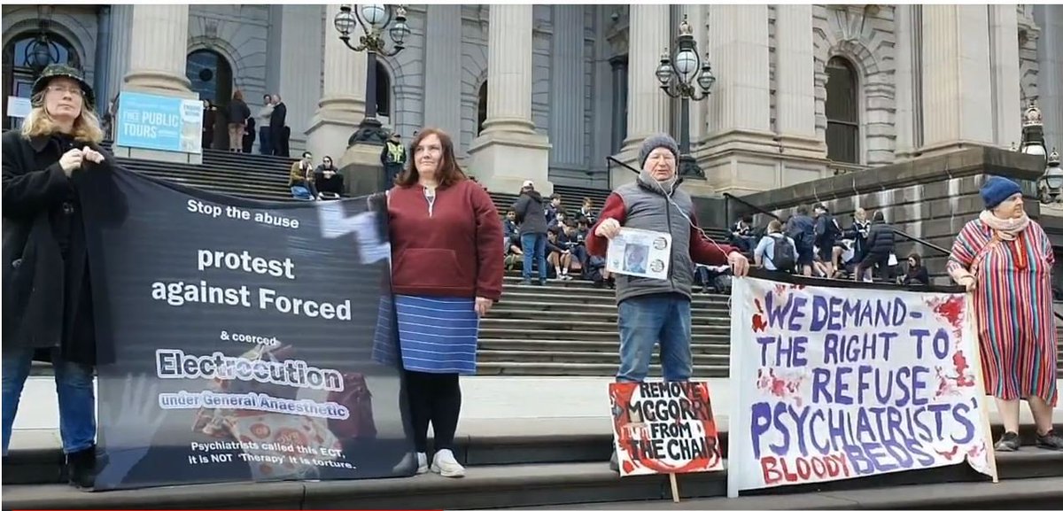 initiallyno's tweet photo. At Victorian Parliament today, asking for the right to #refuse psychiatrists' beds. The #RCMentalHealth is a farce. We want an abolition of forced psychiatry, not more funding for psychiatrists!
#VictimsOfPsychiatrists #SpeakOutAgainstPsychiatry #ForcedHumanExperimentation racket https://t.co/jnhPz5dpZu