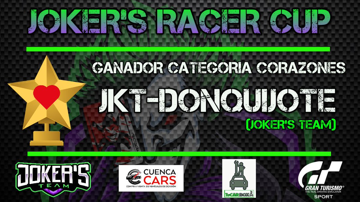 Jokers_eTeam's tweet photo. UNA VEZ FINALIZADA LA PRIMERA TEMPORADA DE NUESTRO CAMPEONATO DE PILOTOS "JOKER'S RACER CUP" AQUÍ TENEMOS LOS 2 GANADORES:
CATEGORÍA PICAS @Sorsmo899 
CATEGORÍA CORAZONES #JKTDonQuijote
ENHORABUENA A TODOS LOS PARTICIPANTES, EN SEPTIEMBRE VOLVEREMOS CON LA SEGUNDA TEMPORADA💪💪 https://t.co/qQ744spmbd