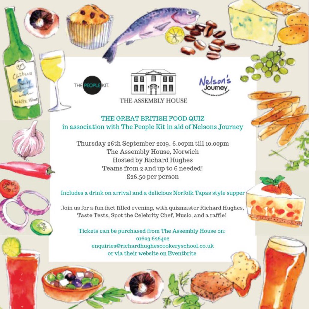 Tickets are now on sale!! 🎉 This years Great British Food Quiz in aid of <a href="/nelsonsjourney/">Nelson's Journey</a> is on Thursday 26th September at <a href="/Assembly_House/">Assembly House</a> hosted by <a href="/HughesCooking/">Richard Hughes</a> 🍾🌶🍕🍐🍩 call now on 01603 626402 to book!