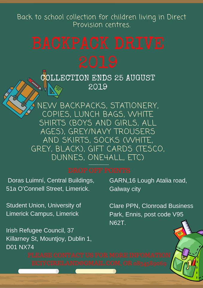 Last year saw an incredible swell of support for <a href="/eciycireland/">EveryChildisYourChild</a>'s backpack drive for young school goers living in #DirectProvision. Lets do it again for 2019!  
#Dublin, #Galway and #Limerick drop-off points are tagged in the image. Also - the #Clare Public Participation Network