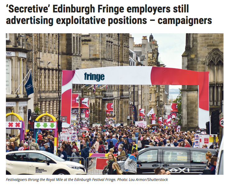 Edinburgh is especially expensive during #edfringe and poverty pay is not enough to live on. You can't buy food with free tickets, or even use those tickets when you're working every single day.

tinyurl.com/y62h8g35
 
#MakeYourFringe 
#EdFringe19
#FairFringe