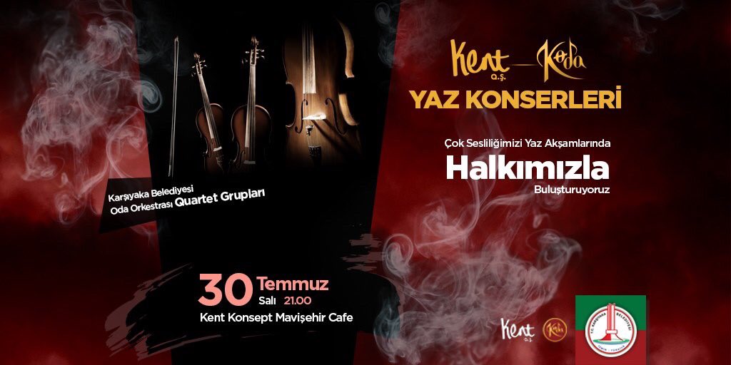 Yaz Konserleri Kapsamında Quartet gruplarıyla gerçekleştireceğimiz “Kent Koda Yaz Konserleri” için bu akşam saat 21:00’da Kent Konsept Mavişehir Cafe’de buluşalım. 🎶🎻🤗