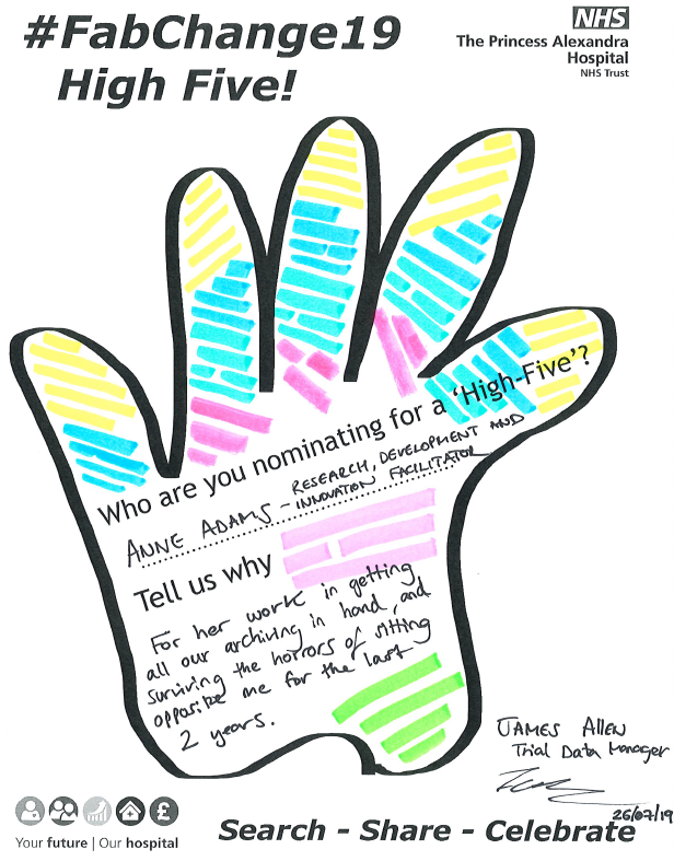 Our first #FabChange19 High Five 🖐️ in Research, Development &amp; Innovation goes to Anne Adams, RD&amp;I Facilitator from James Allen, Trial Data Manager! <a href="/paheventinatent/">PAHT Event in a Tent</a> @QualityFirstPAH