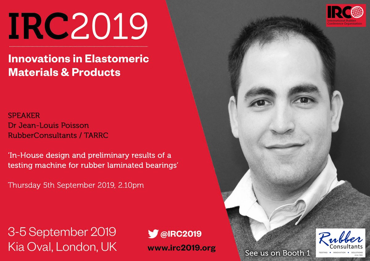 RubberConsultan's tweet photo. Dr Jean-Louis Poisson will be speaking at #IRC2019 in London, UK - Presenting a paper on 'In-House design and preliminary results of a testing machine for rubber laminated bearings' - Thurs 5th Sept 2019 at 2.10pm #RC35 #TARRC #RubberIndustry
Register at https://t.co/CEXoHBRfge https://t.co/RXFEXzZcn8