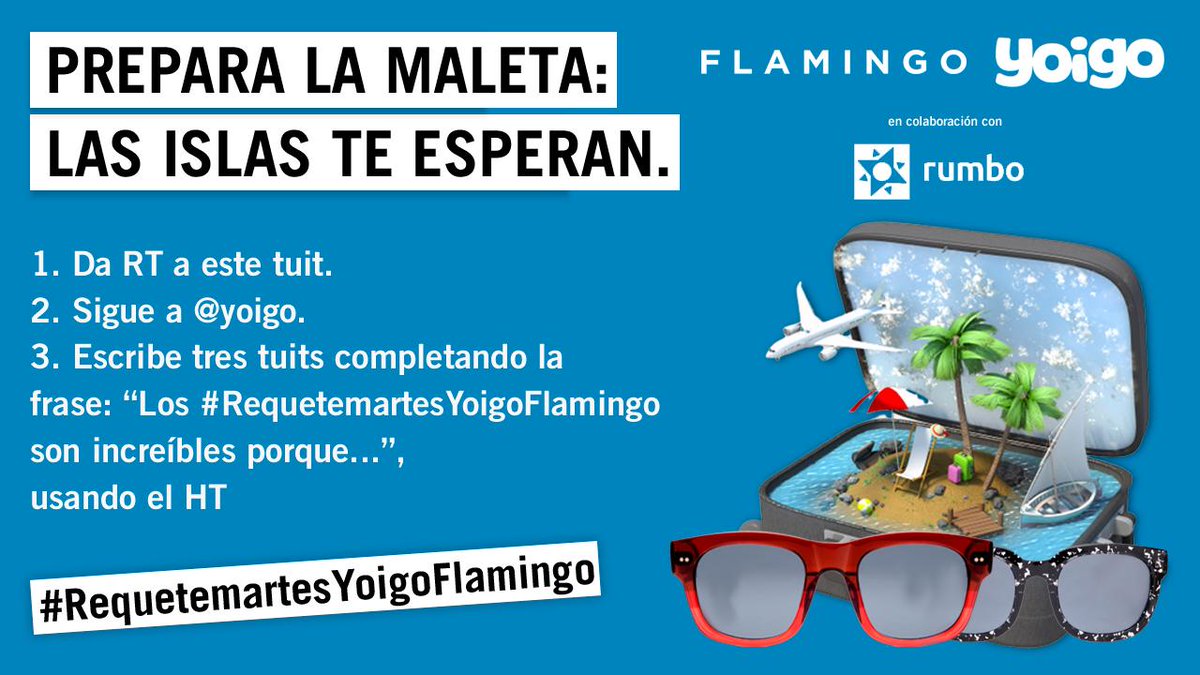 yoigo's tweet photo. ✈️🏝🕶 #CONCURSO 🕶🏝✈️

Los #RequetemartesYoigoFlamingo son increíbles porque regalan… ¡UN VIAJE A CANARIAS Y LAS MEJORES GAFAS! 😏

Podrás elegir Tenerife o Gran Canaria gracias a un premio que bien merece ser TT. 😎 

#RequetemartesYoigoFlamingo https://t.co/FmeTCD9LHX