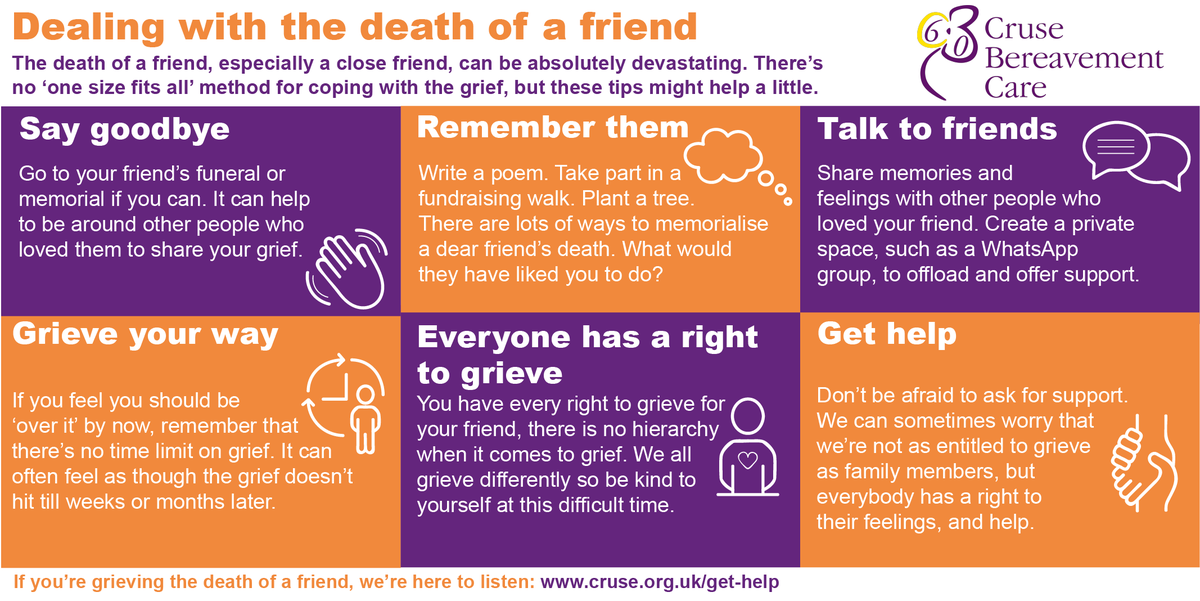 CruseSupport's tweet photo. Today is #FriendshipDay, which can be difficult for those who are grieving for a close friend. Remember, there's no 'one size fits all' but these 6 tips could help you in dealing with the death of a friend. https://t.co/Xepig8vbvW