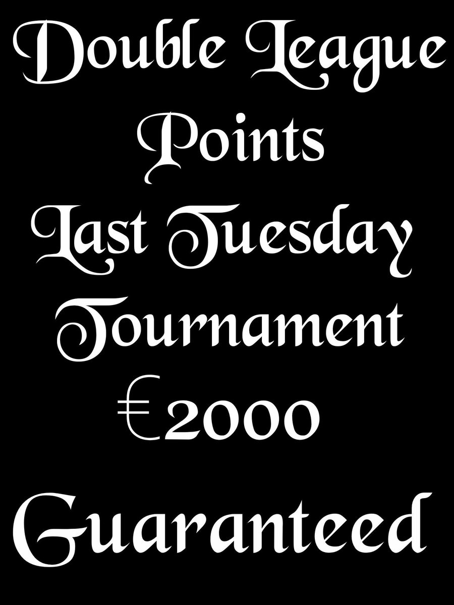 MSCCASINO's tweet photo. Last Tuesday Monthly Game 8pm
€2000 GTD Double League Points 

€40+€10 (12k+3k early bird 8.30pm) 
1 x rebuy €20 (15k)

RT for a chance to win a free seat 

#Cork #Ireland #PureCork #Poker #TuesdayMotivation #CrossTheBridge https://t.co/VVMLFkx70X