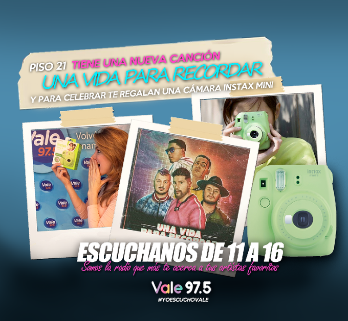 Vale975's tweet photo. ¡Llegó @_patryperez a @Vale975!
Durante toda la semana entre las 11 y las 16 vamos a jugar por una increíble cámara Instax mini gentileza de los chicos de @piso21music y su nuevo tema "Una vida para recordar" #YoEscuchoVale https://t.co/xqzeU8gmDl