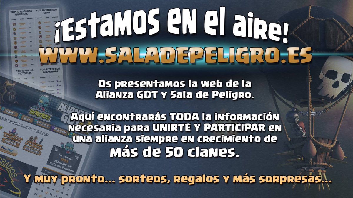 Nos enorgullece presentaros la página web oficial de <a href="/Salapeligro/">Sala De Peligro</a> 📱🖥

Aquí tendreis toda la información actualizada relacionada con nuestra alianza: eventos, clanes, sorteos…. 📢🔔

A qué estais esperando para visitarnos? ⬇ ⬇

saladepeligro.es