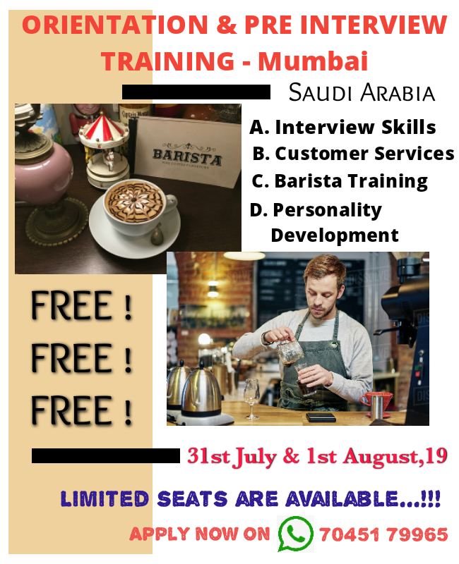 alyousufjobs's tweet photo. Orientation & Pre Interview Training - #Mumbai at #AlYousufEnterprises
Free Free Free..! on #31st_July & #1st_August,19
A. #Interview_Skills
B. #Customer_Services
C. #Barista_Training
D. #Personlity_Developement
Apply_Now on Whatsapp - 7045179965
@PMOIndia @MEAIndia @NEWSANDNRI https://t.co/zwt3LdHN70