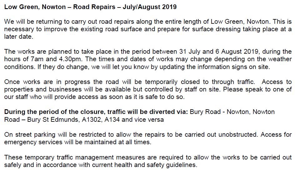 Suff_highways's tweet photo. Road Repairs will be taking place along Low Green, #Nowton between 31 July and 6 August from 7am until 4.30pm. Please see below for full details of the works. #Suffolk #SuffolkRepairs https://t.co/eL04JUNtLC