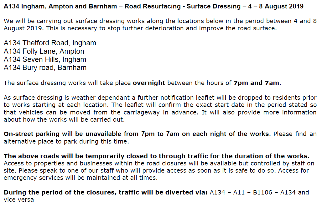 Suff_highways's tweet photo. Surface dressing will be taking place along A134 #Ingham, #Ampton and #Barnham between 4 and 8 August 2019, works will take place overnight between 7pm and 7am. Please see below for full details of the works. #Suffolk #SuffolkSurfaceDressing https://t.co/fkv7evDocK