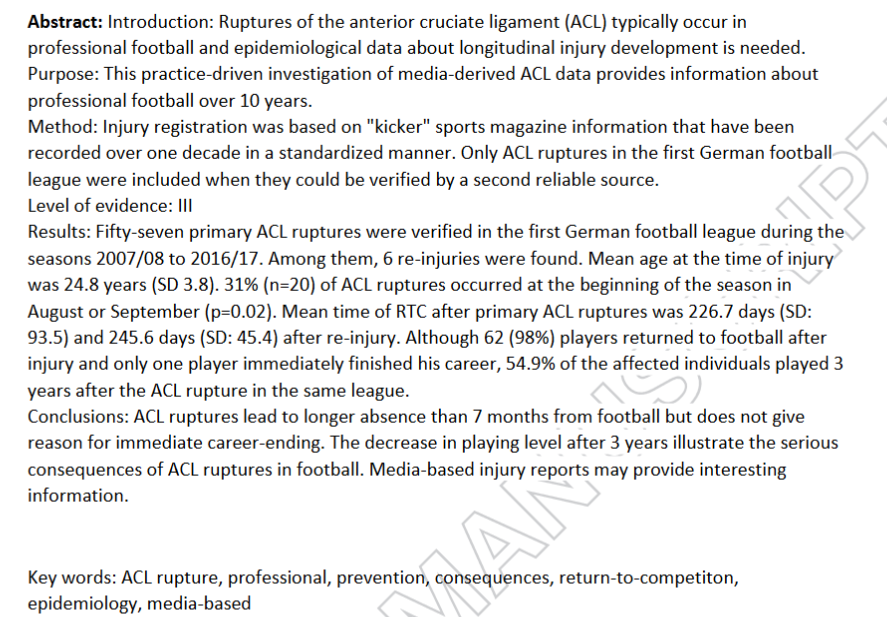 High return to competition rate following ACL injury - A 10-year media-based epidemiological injury study in men`s professional football.

ncbi.nlm.nih.gov/pubmed/31354061