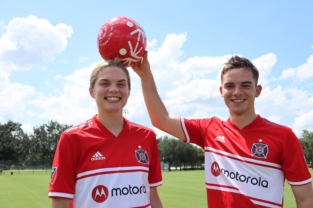 SpecialOlympics's tweet photo. Coming in from Chi City &amp; representing @ChicagoFire, we have Michael Brennan and Allison Schaar! #PlayUnifiedMLS #MLSAllStar https://t.co/rZ5ZcIRQqz