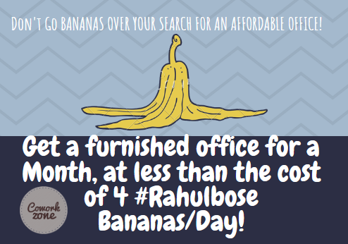 CoworkZone's tweet photo. #goingbananas over your search for an office?! Get a fully furnished, fully serviced private office for a team of 4 at https://t.co/e2loWv3tDA, Hyderabad for a month and its going to cost much less than four #RahulBoseMoment bananas per day! #coworkingspace  #coworkzone https://t.co/1bdlueE5Ek