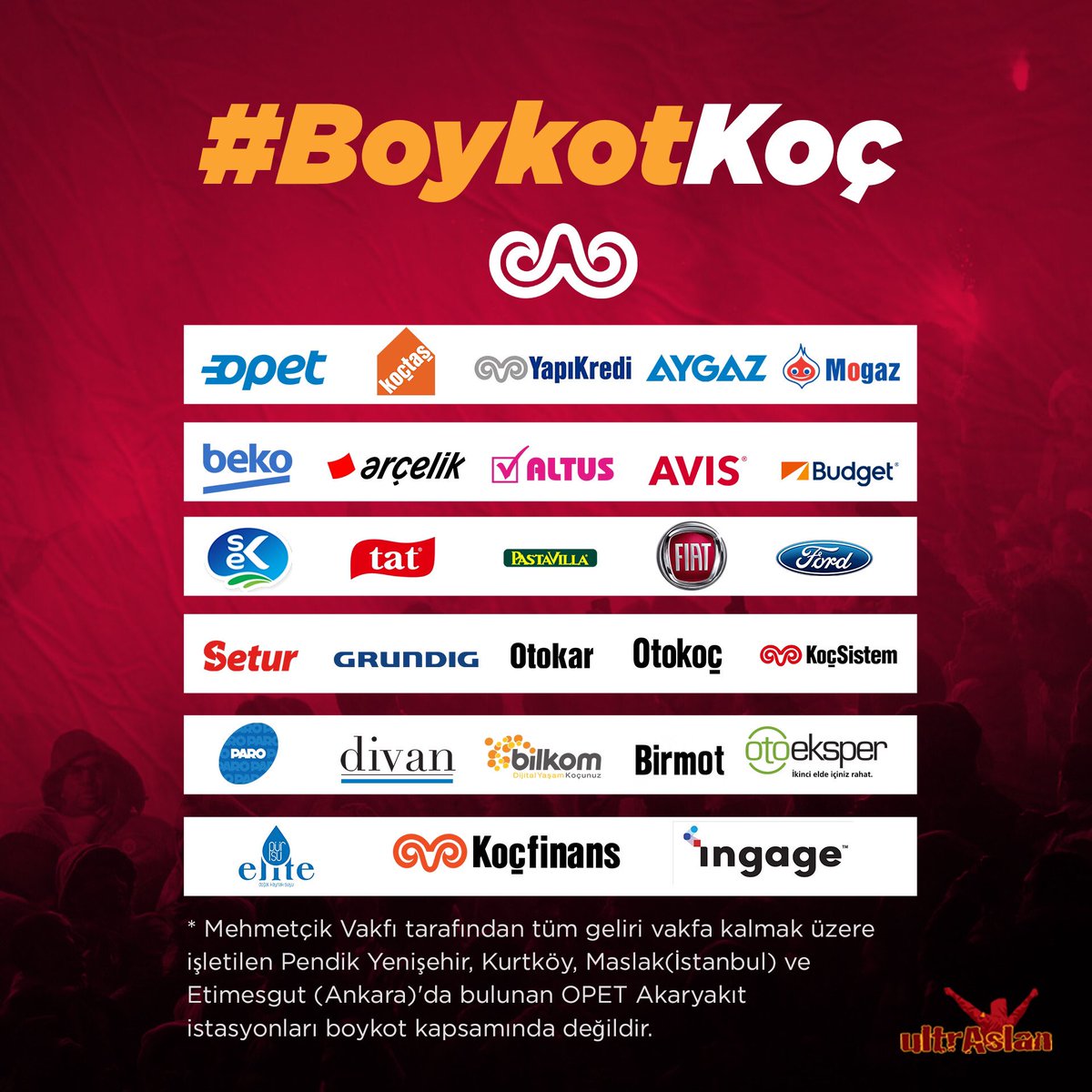 #BoykotKoç | KULÜBÜMÜZE AÇIK ÇAĞRI!

Boykot hareketinin ilk adımı olarak stadımızdaki VIP ve Localarda yemek hizmeti için Koç grubuna ait “DİVAN Restoran” anlaşmasının bir an önce feshedilerek kulübümüzden uzaklaştırılmasını ve camiamıza duyurulmasını bekliyoruz! <a href="/GalatasaraySK/">Galatasaray SK</a>