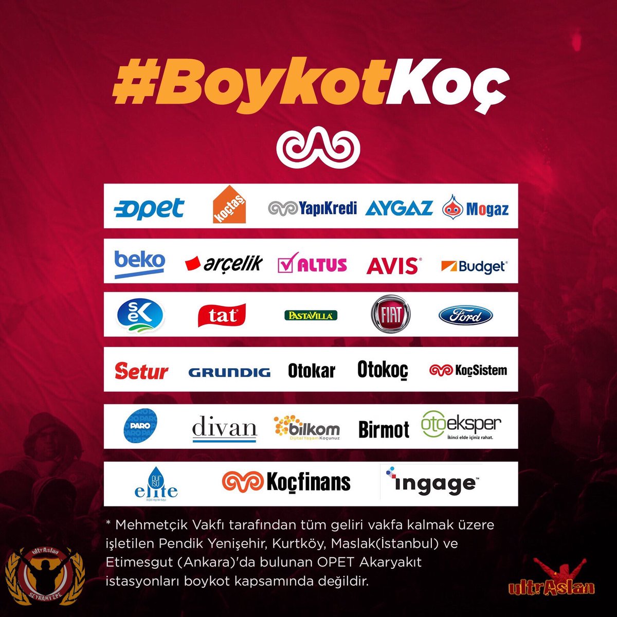 #BoykotKoç | KULÜBÜMÜZE AÇIK ÇAĞRI!

Boykot hareketinin ilk adımı olarak stadımızdaki VIP ve Localarda yemek hizmeti için Koç grubuna ait “DİVAN Restoran” anlaşmasının bir an önce feshedilerek kulübümüzden uzaklaştırılmasını ve camiamıza duyurulmasını bekliyoruz! <a href="/GalatasaraySK/">Galatasaray SK</a>