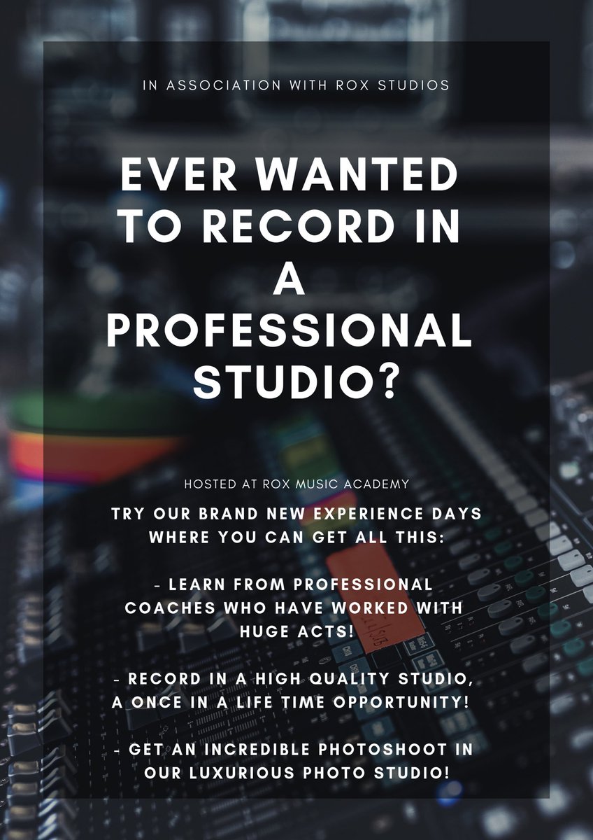 EXPERIENCE DAYS AT ROX!

Always wanted to experience what it’s like to be a star?

Get a once in a lifetime experience where you can develop the skills to be an artist!

For more information on our experience days, get in touch via our website:

ouracademyrox.co.uk