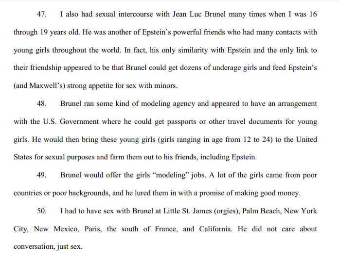 In 2015, Virginia Roberts (now Giuffre) said in U.S. court filings that Jean-Luc  #Brunel was one of the main procurers of young girls for Jeffery  #Epstein.  #OpDeathEaters http://images.politico.com/global/2015/02/03/edwardsdershaff1.pdf