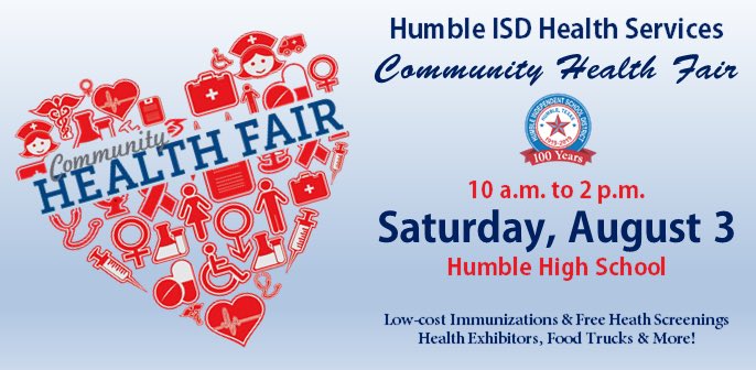 HumbleISD's tweet photo. Come out to Humble High School this Saturday and join #HumbleISD Health Services for a Community Health Fair from 10 a.m. to 2 p.m. Low-cost immunizations, FREE health screenings, health exhibitors, food trucks and more! https://t.co/oHNw5bcc0t https://t.co/F4c5Lyf4VQ