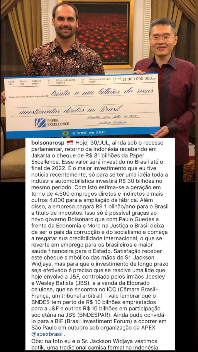 🇮🇩Empresa anuncia investimento de R$ 31 bilhões no Brasil até 2022. Satisfação receber este cheque simbólico da Paper Excellence das mãos do Sr. Jackson Widjaya em Jakarta, Indonésia. <a href="/ApexBrasil/">ApexBrasil</a>