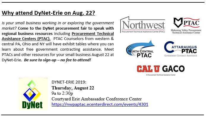 #DYNET-Erie 2019:  #GovContracting procurement fair, August 22. No Fee! Details &amp; registration at nwpaptac.ecenterdirect.com/events/4301